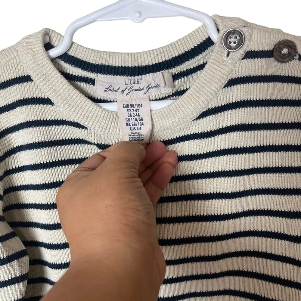 L.O.G.G. by H&M Striped Crew Neck Long Sleeve Sweater Ivory Navy Size 4 Boys